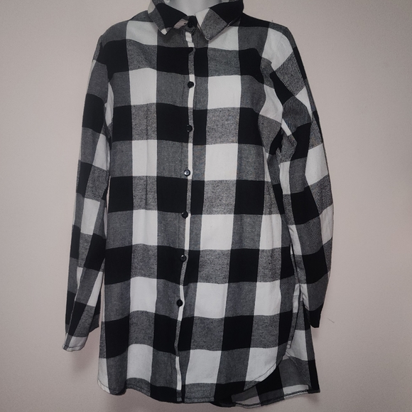 SHEIN Black and White Plaid Flannel Shirt L - Picture 1 of 12